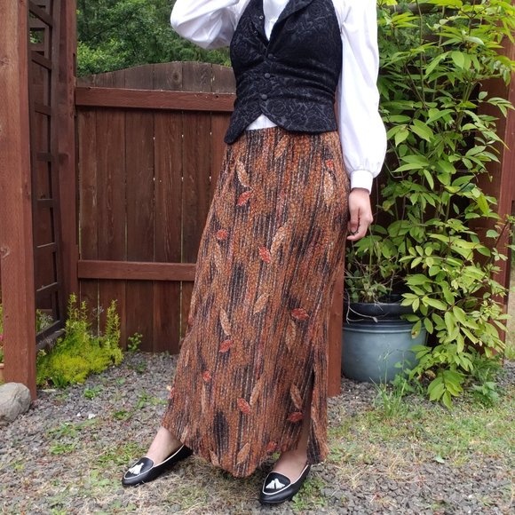 Vintage 90's Notations Fall Vibes Leaf Print Maxi Skirt Size Large - Picture 2 of 11